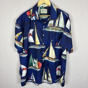 Royaura Hawaiian Sailboat Print Shirt Men’s XXL Blue Nautical Button-Up